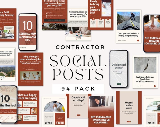 Contractor Canva Template Social Media Templates, 94 Editable Social Media Post for Builder, General Contractors, Home Improvement Marketing