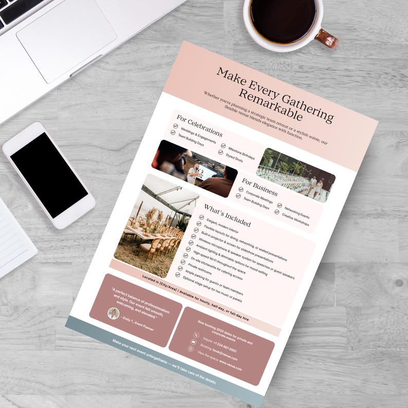 Promotional flyer titled 'Make Every Gathering Remarkable' offering event services for celebrations and businesses. Features details about included services and contact information at the bottom.