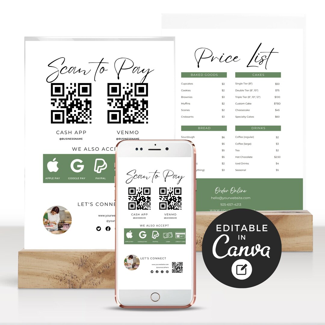 Bakery Price List & Scan to Pay Sign: Editable Canva Template (5x7) - Etsy