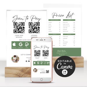 Scan-to-Pay-Zeichen Bäckerei Branding, Kuchen Geschäft Preisliste, QR-Code Zahlungsschild, Geschäftsschild Bäckerei Geschäftsinformationen, bearbeitbare Canva Templat