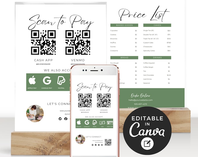 Scan to Pay Sign Bakery Branding, Cake Business Price List, QR Code Payment Sign, Business Sign Bakery Business Info, Editable Canva Templat