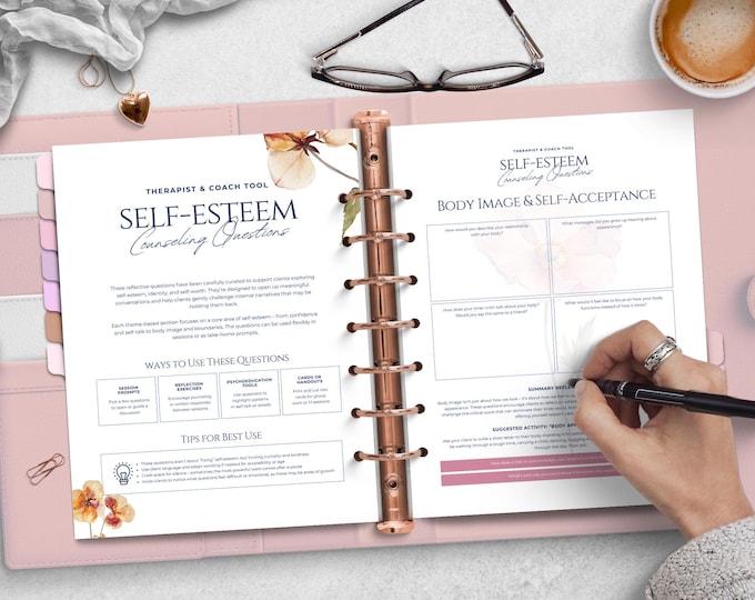 Self Esteem Therapy Questions, Mental Health Mindfulness Prompts, Personal Growth, CBT, Session Notes, Therapist Tools, Life Coach Kit