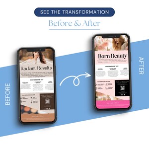 May include: Before and after images of a flyer for a beauty business. The flyer on the left is titled "Radiant Results" and the flyer on the right is titled "Born Beauty". Both flyers have a pink and brown color scheme and feature a woman in a white dress.