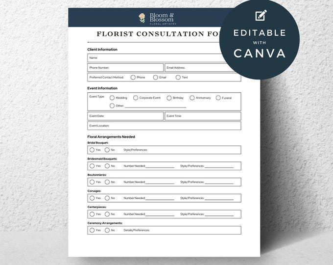 Florist Consultation Form Template, Editable Wedding Flower Planner, Floral Design Client Questionnaire, Event Floral Order Business Form