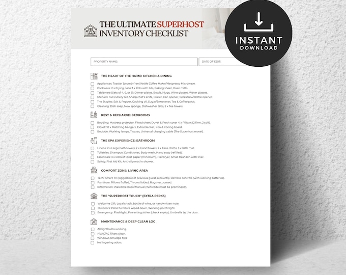 Superhost Inventory Checklist | STR Host Printable | Vacation Rental Property Prep | Host Checklist PDF