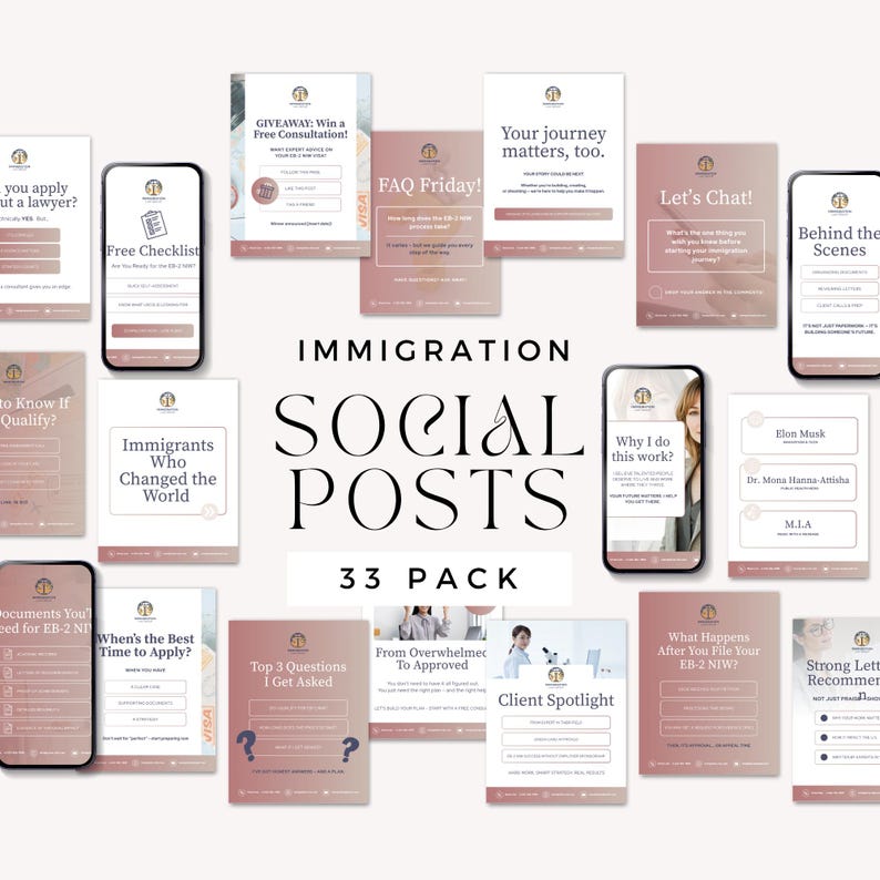 A collage of immigration-themed social media posts, featuring various questions, tips, and engaging dialogues about immigration. The layout includes text prompts with backgrounds in soft colors and an overall professional design.