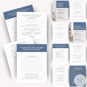 A collection of mental health journal templates, including daily and weekly thought trackers, mood logs, and cognitive distortion awareness forms, designed for reflection and emotional management.