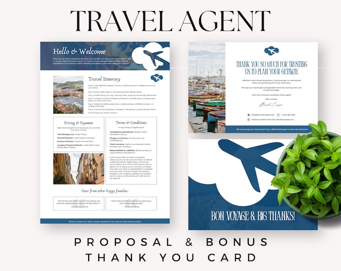 Travel Agent Proposal Template, Consultant Thank You Card, Vacation Booking Canva Template, Small Business Marketing Kit, Travel Gift