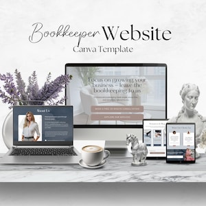 May include: A digital mockup of a bookkeeper website template, displayed on a laptop, desktop monitor, tablet, and smartphone. The website design features a clean, modern aesthetic with soft neutral colors and the text "Bookkeeper Website Canva Template". A cup of coffee and decorative items are also present.