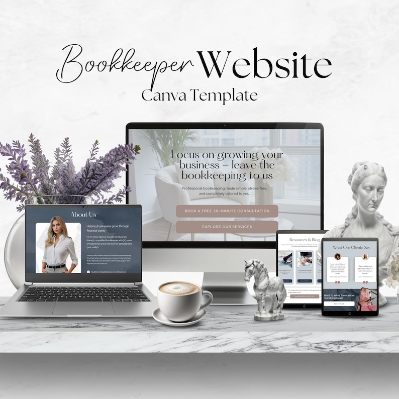 A stylish workspace featuring a modern laptop, tablet, and coffee cup on a marble surface. A lavender plant and a sculpture add aesthetic appeal. The screen displays a template for a bookkeeper website.