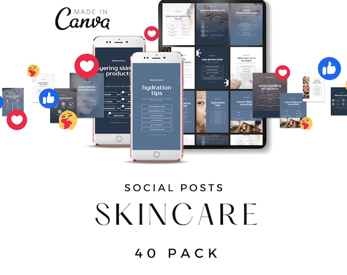 Skincare Social Media Template, 40 Canva Posts for Skincare, Beauty Business, Esthetician Insta, Spa Marketing Social Media Kit