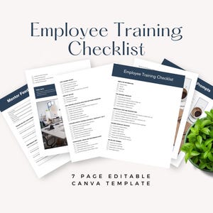 May include: A stack of white paper documents with the text "Employee Training Checklist" in a dark blue font. The documents include checklists and training prompts. The phrase "7 Page Editable Canva Template" is also visible.