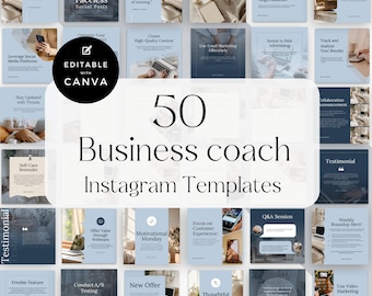 Puede incluir: Un collage de 50 plantillas de publicaciones de Instagram para entrenadores de negocios. Las plantillas presentan un esquema de color azul y blanco con superposiciones de texto. El texto incluye frases como "Ofrecer valor a través de los webinarios", "Lunes motivacional" y "Centrarse en la experiencia del cliente".
