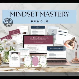 Mindset Mastery-collectie, werkboek voor bedriegersyndroom, zelfreflectiedagboek, affirmatiekaarten, radicale acceptatie, canva-sjablonen