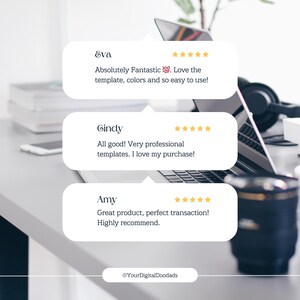 Może przedstawiać: Trzy białe grafiki w kształcie dymk&oacute;w z opiniami klient&oacute;w. Eva pisze, Absolutely Fantastic 100. Love the template, colors and so easy to use! Gindy pisze, All good! Very professional templates. I love my purchase! Amy pisze, Great product, perfect transaction! Highly recommend. Na dole znajduje się tekst @YourDigitalDoodads.