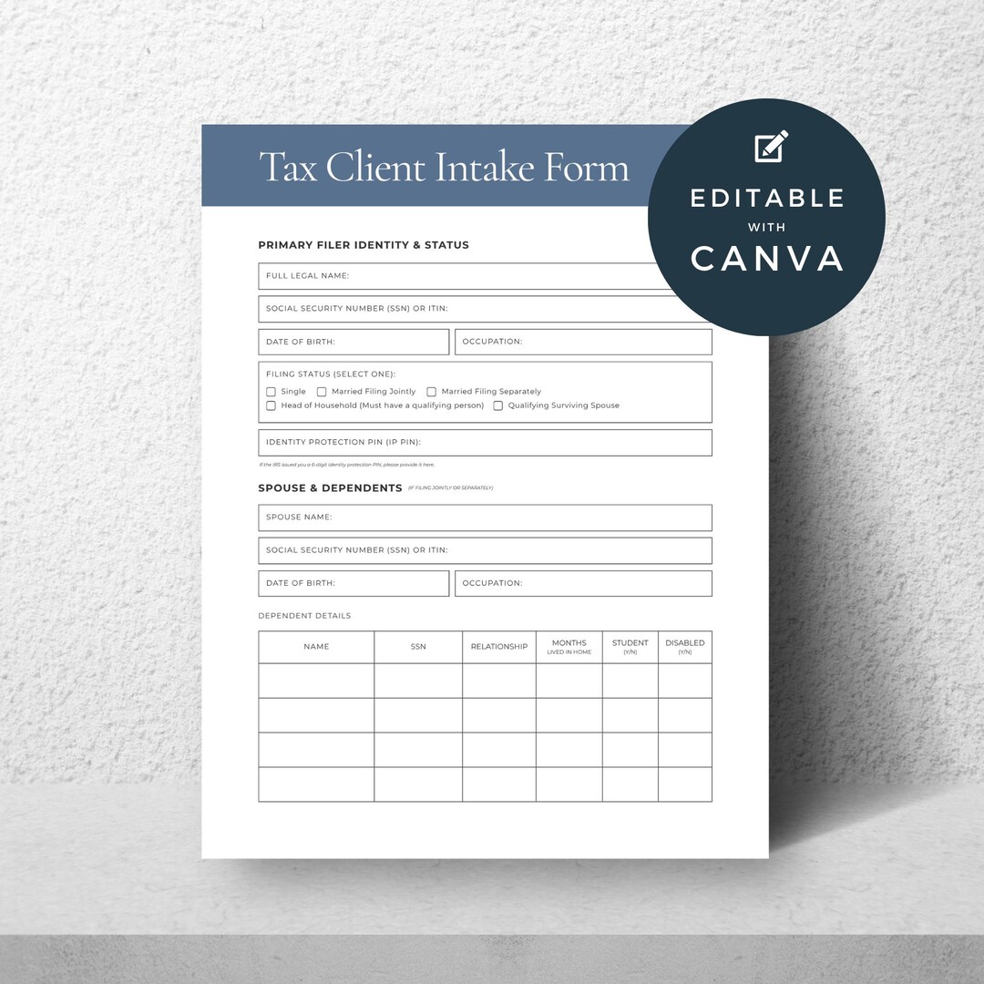 Tax Client Intake Form, Editable Canva Template, CPA Tax Preparer ...