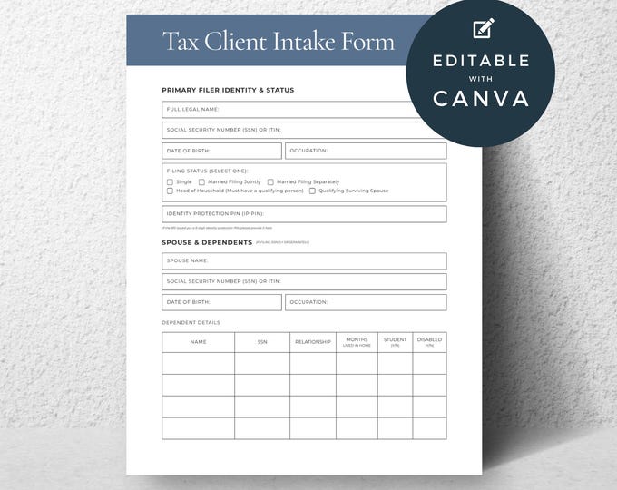 Tax Client Intake Form, Editable Canva Template, CPA Tax Preparer, Client Questionnaire, Filing Checklist, Digital Download