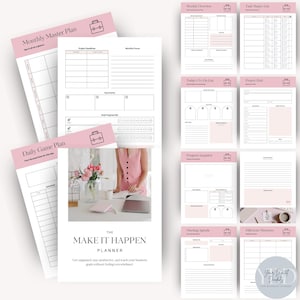 Op de afbeelding: Een verzameling roze en witte plannerpagina's met titels als "Monthly Master Plan" en "Daily Game Plan". De centrale pagina toont de tekst "THE MAKE IT HAPPEN PLANNER" met een vrouw in een roze jurk. Andere pagina's zijn onder meer "Weekly Overview" en "Task Master List."