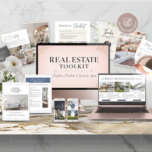May include: A real estate toolkit featuring digital templates, checklists, and guides for agents displayed on a computer monitor, a laptop, and tablets. The documents include titles like Home Staging Guide, Seller's Guide, and Preparing Checklist.