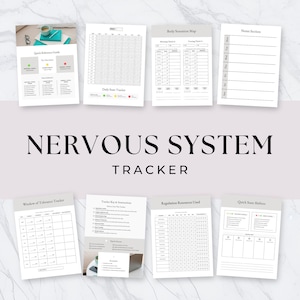 Op de afbeelding: Een verzameling witte papieren vellen met tekst en grafieken, getiteld "Nervous System Tracker". De vellen bevatten secties voor het volgen van lichaamsgevoelens, de dagelijkse toestand en notities. De titel "Nervous System Tracker" wordt groot weergegeven.