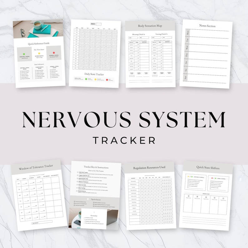 A collection of wellness worksheets titled 'Nervous System Tracker,' including reference guides, sensation maps, and tracker sections on a marble background.