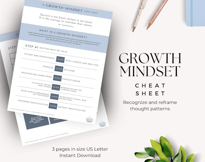 Growth Mindset Cheatsheet Canva Template, Coaching Tool, Therapy Exercises, Personal Growth Worksheet, Life Coach Resource, Success Mindset