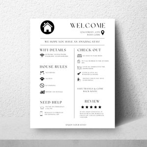 May include: A white informational sign with black text and icons titled WELCOME. It includes sections for WIFI DETAILS, HOUSE RULES, CHECK OUT, NEED HELP, and REVIEW. The layout features a house icon, location pin, and instructions for guests.