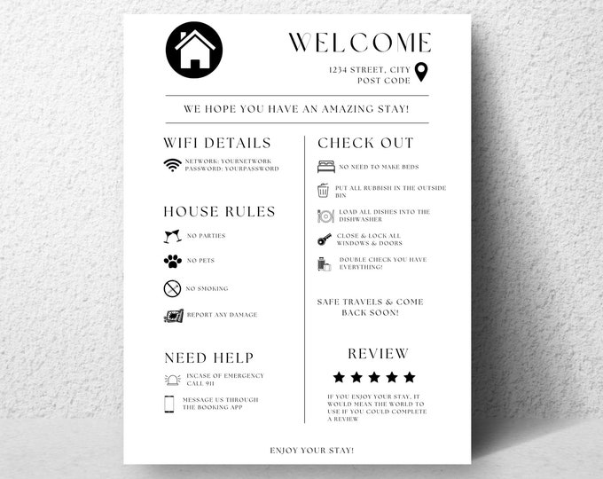 Short Stay Welcome Sign Template, Vacation Rental Printable House Rule, Things to Know, Wifi Info Sheet, Arrival Poster Sign for Guest