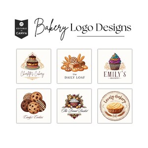 May include: A collection of six bakery logo designs featuring illustrations of cakes, bread, cupcakes, cookies, and flour bowls. The logos include text such as Charlotte's Cakery, the DAILY LOAF, EMILY'S BAKERY, Cindy's Cookies, The Bread Basket, and Lovely Bakery.
