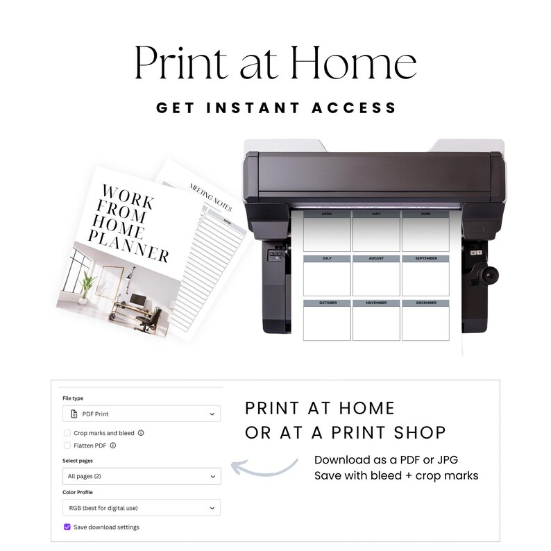 Puede incluir: Un conjunto de planificador digital que incluye una portada Work From Home Planner, una p&aacute;gina de notas de reuni&oacute;n y una hoja de calendario imprimi&eacute;ndose desde una impresora negra. La interfaz muestra ajustes de impresi&oacute;n PDF.
