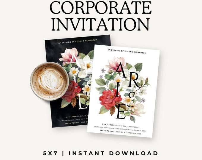Corporate Event Invite, Floral Gala Invitation Canva Template, Womens Leadership, Black Tie Charity Dinner, Editable Instant Download