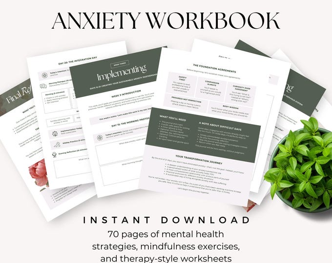 Anxiety Workbook Printable PDF Calming Journal, Mental Health Self Care, Social Anxiety CBT Therapy Worksheet, Mindfulness Exercise