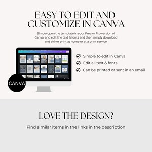 May include: A computer monitor displays a Canva template with various design options. Text at the top reads "EASY TO EDIT AND CUSTOMIZE IN CANVA." Additional text highlights ease of editing, font customization, and printing options. A black circle with "CANVA" is in the lower left.