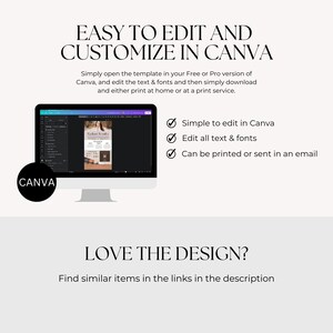 May include: A computer screen displaying a Canva design template with the text "Market Ready" and a checklist of features: "Simple to edit in Canva", "Edit all text & fonts", and "Can be printed or sent in an email". The text "EASY TO EDIT AND CUSTOMIZE IN CANVA" is displayed above the screen. The text "LOVE THE DESIGN?" is displayed below the screen. The text "Find similar items in the links in the description" is displayed below the text "LOVE THE DESIGN?".