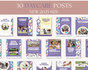 May include: A collection of 30 digital daycare social media post templates featuring a purple, pink, and yellow geometric pattern. Each template includes text headers like Now Enrolling, Community & Events, Parent Tips, and Teacher Spotlight.