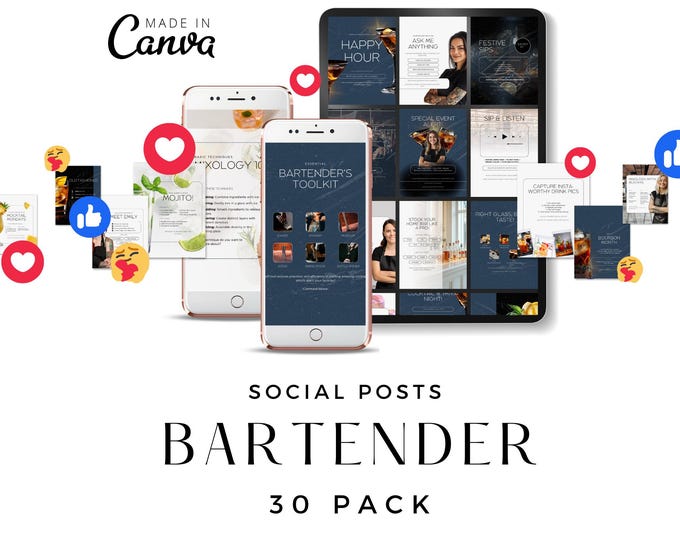 Bartender Social Media Template, Mobile Bar Instagram Post, Bartending Business IG Canva, Mixologist Branding Kit, Cocktail Marketing