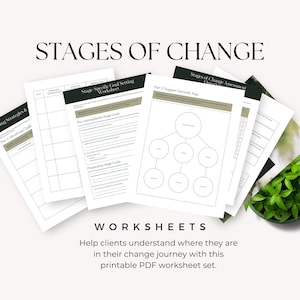 Puede incluir: Una pila de hojas de trabajo blancas con texto negro, que incluye las palabras "STAGES OF CHANGE" y "WORKSHEETS". Las hojas de trabajo tienen un borde verde y negro. El texto en las hojas de trabajo incluye "Stage Specific Goal Setting Worksheet" y "Part 2 Support Network Map."