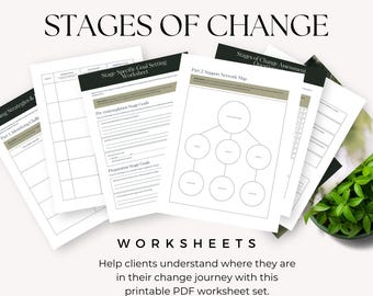 May include: A set of printable PDF worksheets titled STAGES OF CHANGE. The documents feature sections like Part 1: Identifying Challenges, Stage Specific Goal Setting Worksheet, and Part 2: Support Network Map with diagrams and blank lines.