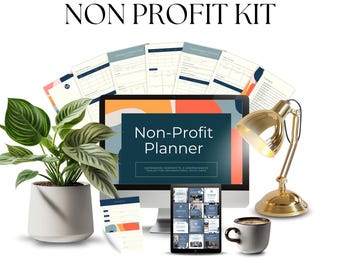 May include: A non-profit planner kit with a computer monitor, a tablet, a lamp, a coffee cup, and a potted plant. The computer monitor displays the text "Non-Profit Planner" with a colorful abstract background. The tablet shows a grid of social media posts. The lamp is gold and has a white shade. The coffee cup is white and has a black handle. The potted plant is green and has a white pot.