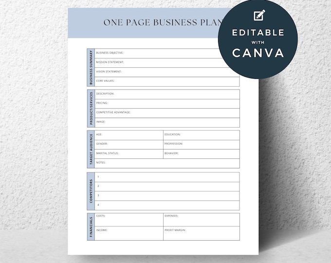 One Page Business Plan Template, Business Planner, Small Business Proposal, Startup Business Executive Summary, Printable Marketing Plan