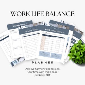 Peut inclure: Un planificateur imprimable avec le titre "Work Life Balance" et le texte "Weekly Review", "Priority Tasks", "Work Hours Planner", et "Planner". Le planificateur est conçu pour aider les gens à atteindre l'harmonie et à récupérer leur temps. Il s'agit d'un PDF imprimable de 8 pages.