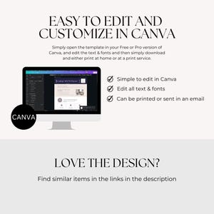 May include: A computer monitor displays a Canva template with the text "EASY TO EDIT AND CUSTOMIZE IN CANVA." The image highlights the ease of editing text and fonts, and printing or emailing the design. A black circle with "CANVA" is in the lower left.