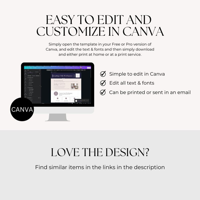 May include: A computer monitor displays a Canva template with the text "EASY TO EDIT AND CUSTOMIZE IN CANVA." The image highlights the ease of editing text and fonts, and printing or emailing the design. A black circle with "CANVA" is in the lower left.