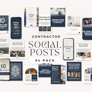 May include: A set of 94 social media posts for contractors, displayed on smartphones and cards. The posts cover topics such as home maintenance, plumbing problems, and home renovation. The words "CONTRACTOR SOCIAL POSTS" are prominently displayed.