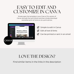 A promotional graphic showcasing a Canva template. Features details on editing the template, customization options, and printing possibilities. Text highlights include 'Easy to edit and customize in Canva.'