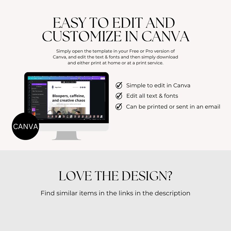 A promotional graphic showcasing a Canva template. Features details on editing the template, customization options, and printing possibilities. Text highlights include 'Easy to edit and customize in Canva.'