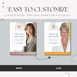 A promotional graphic showcasing customizable designs for immigration law services. It features 'Before' and 'After' images with the text 'Why I do this work' and associated service details. Elegant layout with two women depicted.