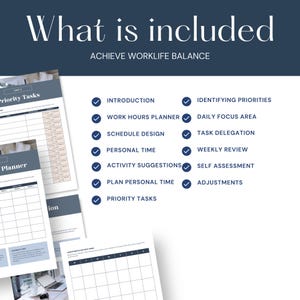 A blue and white checklist with the title 'What is included' and the subtitle 'Achieve Worklife Balance.' The checklist includes items such as 'Introduction', 'Work Hours Planner', 'Schedule Design', 'Personal Time', 'Activity Suggestions', 'Plan Personal Time', 'Priority Tasks', 'Identifying Priorities', 'Daily Focus Area', 'Task Delegation', 'Weekly Review', 'Self Assessment', and 'Adjustments.'