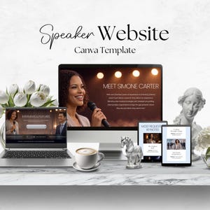 Peut inclure: Un modèle de site web pour conférenciers est affiché sur un ordinateur de bureau, un ordinateur portable et une tablette. Le site web présente une femme parlant dans un microphone. Le texte à l'écran indique "Meet Simone Carter" et "Interviews & Features". Une tasse de café et une statue de cheval sont également visibles.