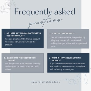 Peut inclure: Graphique FAQ pour un produit num&eacute;rique avec le titre "Questions fr&eacute;quemment pos&eacute;es" en &eacute;criture manuscrite. Le graphique comprend quatre questions et r&eacute;ponses sur le produit, ainsi que le pseudo du vendeur.
